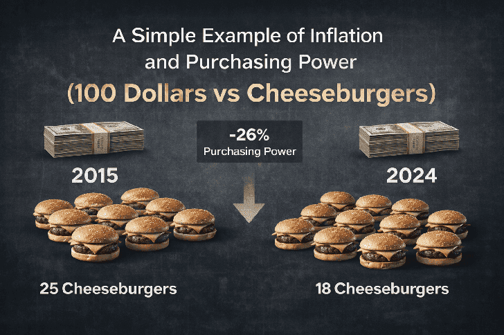 A Simple Example of Inflation and Purchasing Power (100 Dollars vs Cheeseburgers)
